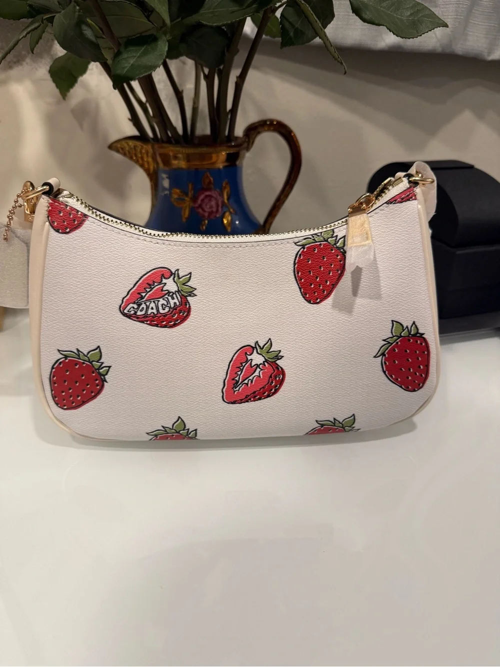 Coach White Leather Mini Shoulder Bag with Red Strawberry Print - Picture 2 of 5